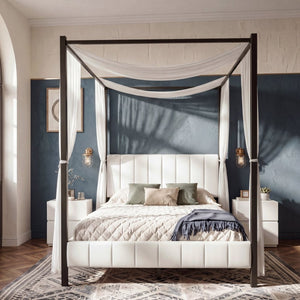 English Elm Queen Canopy Bed Matte Black Metal Frame with Tufted Upholstered Headboard Footboard N758Q646869W