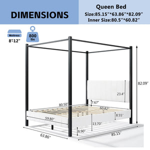English Elm Queen Canopy Bed Matte Black Metal Frame with Tufted Upholstered Headboard Footboard N758Q646869W