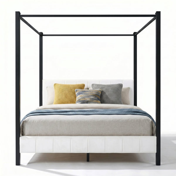 English Elm Queen Canopy Bed Matte Black Metal Frame with Tufted Upholstered Headboard Footboard N758Q646869W