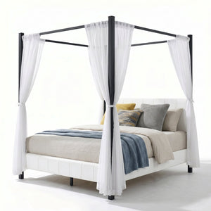 English Elm Queen Canopy Bed Matte Black Metal Frame with Tufted Upholstered Headboard Footboard N758Q646869W
