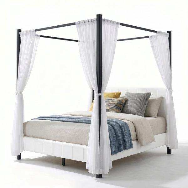 English Elm Queen Canopy Bed Matte Black Metal Frame with Tufted Upholstered Headboard Footboard N758Q646869W