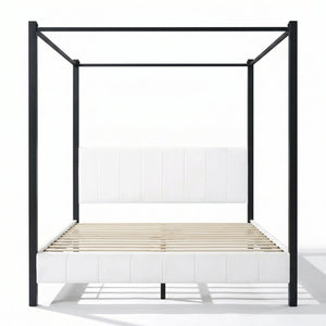 English Elm Queen Canopy Bed Matte Black Metal Frame with Tufted Upholstered Headboard Footboard N758Q646869W