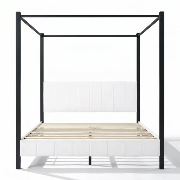 English Elm Queen Canopy Bed Matte Black Metal Frame with Tufted Upholstered Headboard Footboard N758Q646869W