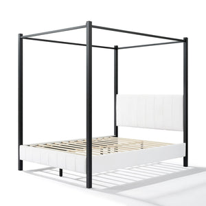 English Elm Queen Canopy Bed Matte Black Metal Frame with Tufted Upholstered Headboard Footboard N758Q646869W
