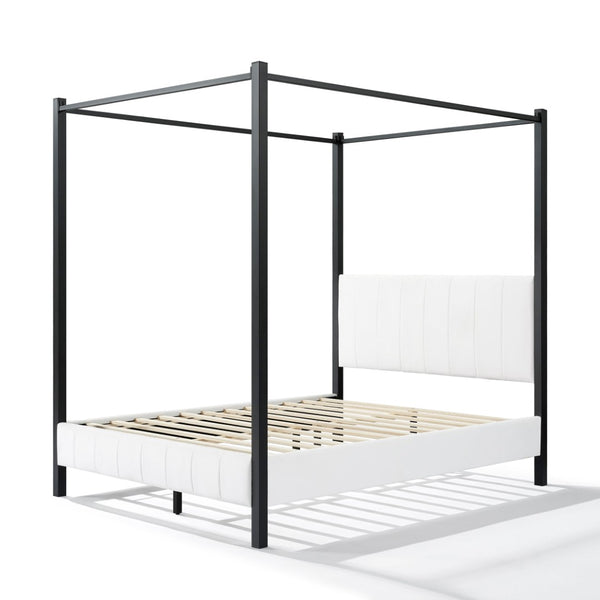 English Elm Queen Canopy Bed Matte Black Metal Frame with Tufted Upholstered Headboard Footboard N758Q646869W