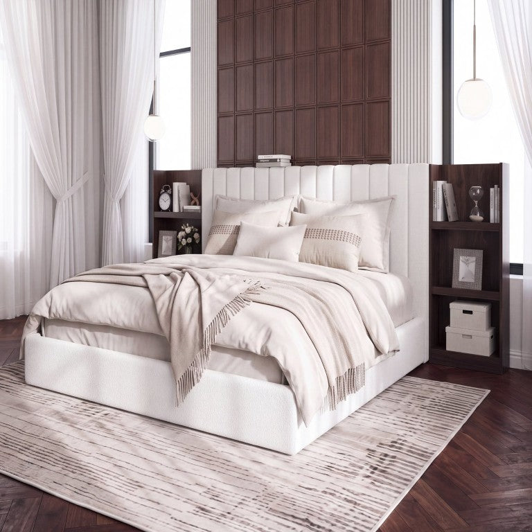 English Elm Vertical Channel Tufted Queen Platform Bed with Integrated Wood Side Shelving Units N758Q798889D