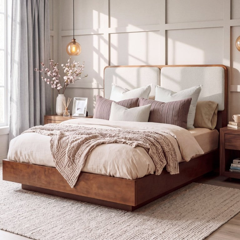 English Elm Queen Platform Bed Walnut Frame Split Boucle Headboard Mid-Century Minimalist Style N758Q802930N