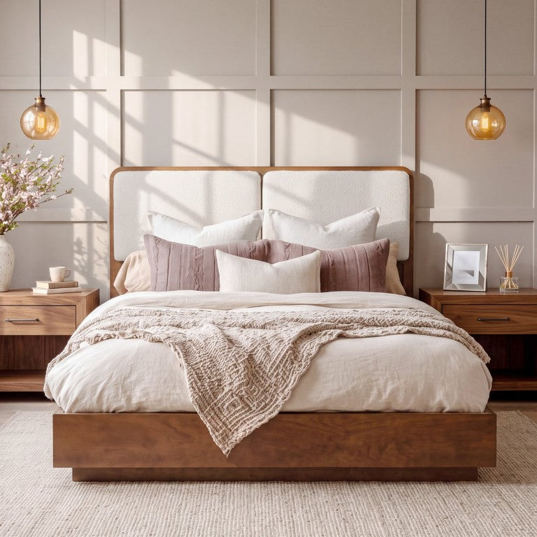 English Elm Queen Platform Bed Walnut Frame Split Boucle Headboard Mid-Century Minimalist Style N758Q802930N