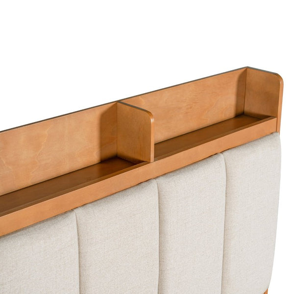 English Elm Twin Bed Honey Wood Frame Linen Padded Headboard with Built in Cubby Storage N758T736364D