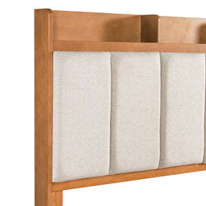 English Elm Twin Bed Honey Wood Frame Linen Padded Headboard with Built in Cubby Storage N758T736364D