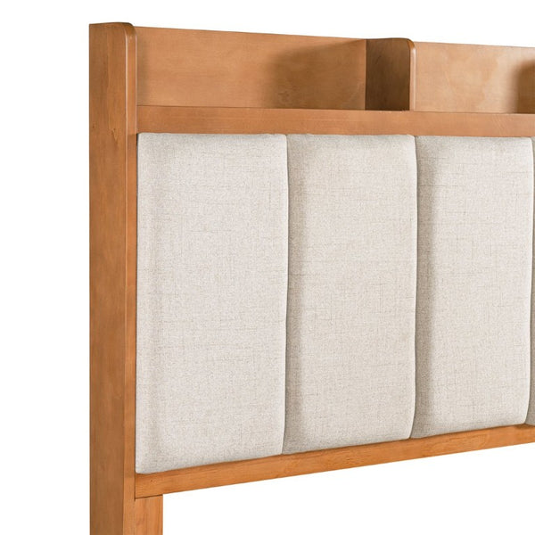English Elm Twin Bed Honey Wood Frame Linen Padded Headboard with Built in Cubby Storage N758T736364D