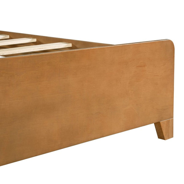 English Elm Twin Bed Honey Wood Frame Linen Padded Headboard with Built in Cubby Storage N758T736364D