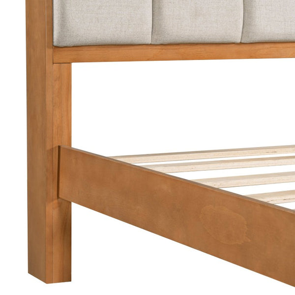 English Elm Twin Bed Honey Wood Frame Linen Padded Headboard with Built in Cubby Storage N758T736364D