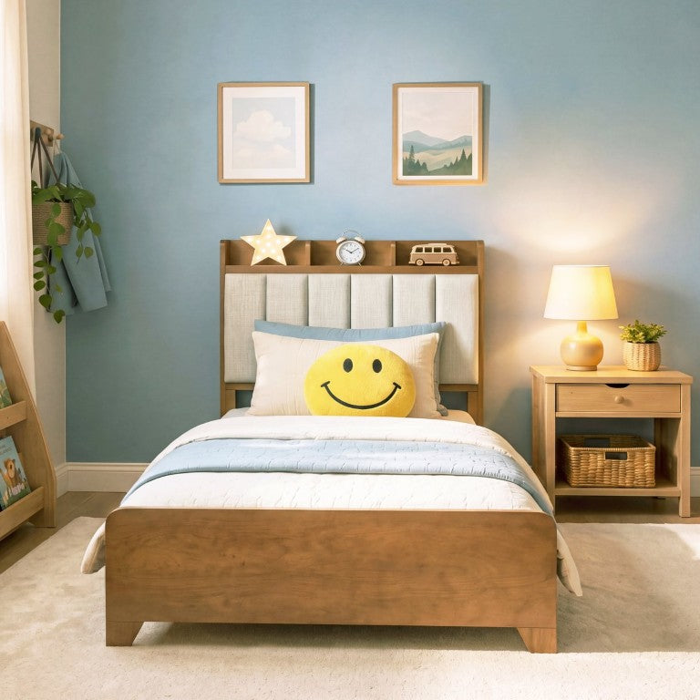 English Elm Twin Bed Honey Wood Frame Linen Padded Headboard with Built in Cubby Storage N758T736364D