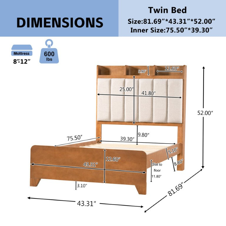 English Elm Twin Bed Honey Wood Frame Linen Padded Headboard with Built in Cubby Storage N758T736364D