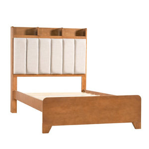 English Elm Twin Bed Honey Wood Frame Linen Padded Headboard with Built in Cubby Storage N758T736364D
