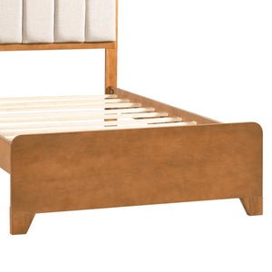 English Elm Twin Bed Honey Wood Frame Linen Padded Headboard with Built in Cubby Storage N758T736364D