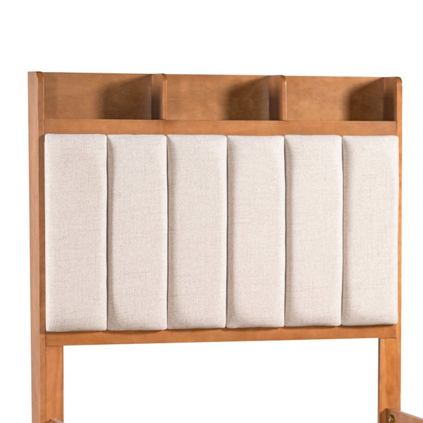 English Elm Twin Bed Honey Wood Frame Linen Padded Headboard with Built in Cubby Storage N758T736364D