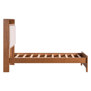 English Elm Twin Bed Honey Wood Frame Linen Padded Headboard with Built in Cubby Storage N758T736364D
