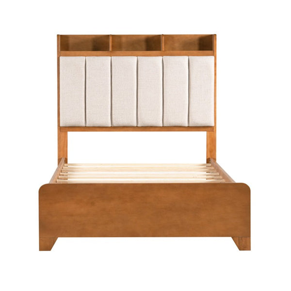 English Elm Twin Bed Honey Wood Frame Linen Padded Headboard with Built in Cubby Storage N758T736364D