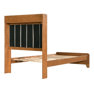 English Elm Twin Bed Honey Wood Frame Linen Padded Headboard with Built in Cubby Storage N758T736364D