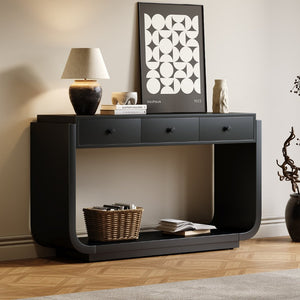 English Elm Antique-style Console Table with Three Drawers Paulownia Veneer Cabriole Legs Entryway Black N759P324549B