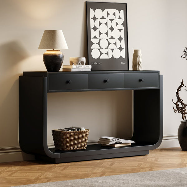 English Elm Antique-style Console Table with Three Drawers Paulownia Veneer Cabriole Legs Entryway Black N759P324549B