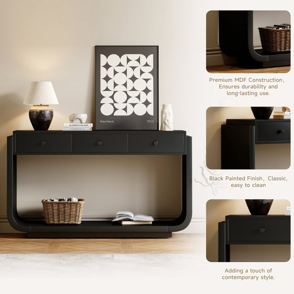 English Elm Antique-style Console Table with Three Drawers Paulownia Veneer Cabriole Legs Entryway Black N759P324549B