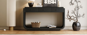 English Elm Antique-style Console Table with Three Drawers Paulownia Veneer Cabriole Legs Entryway Black N759P324549B