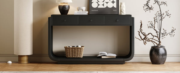 English Elm Antique-style Console Table with Three Drawers Paulownia Veneer Cabriole Legs Entryway Black N759P324549B