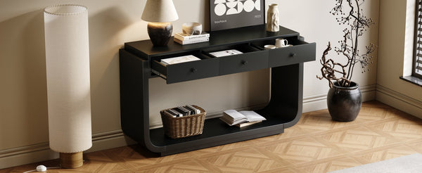 English Elm Antique-style Console Table with Three Drawers Paulownia Veneer Cabriole Legs Entryway Black N759P324549B