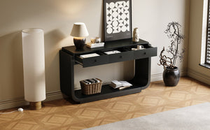 English Elm Antique-style Console Table with Three Drawers Paulownia Veneer Cabriole Legs Entryway Black N759P324549B