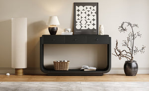 English Elm Antique-style Console Table with Three Drawers Paulownia Veneer Cabriole Legs Entryway Black N759P324549B