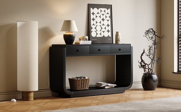 English Elm Antique-style Console Table with Three Drawers Paulownia Veneer Cabriole Legs Entryway Black N759P324549B