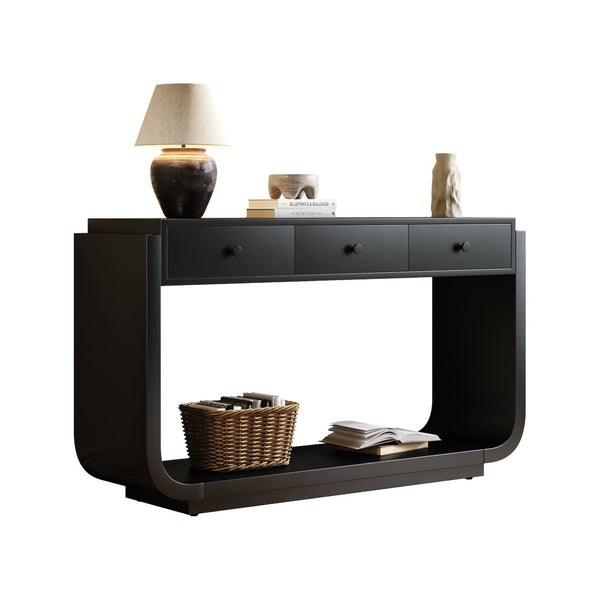 English Elm Antique-style Console Table with Three Drawers Paulownia Veneer Cabriole Legs Entryway Black N759P324549B