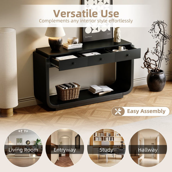 English Elm Antique-style Console Table with Three Drawers Paulownia Veneer Cabriole Legs Entryway Black N759P324549B
