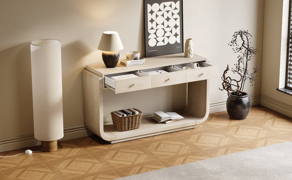 English Elm Antique-style Console Table with Three Drawers Paulownia Veneer Cabriole Legs Entryway N759P324549K