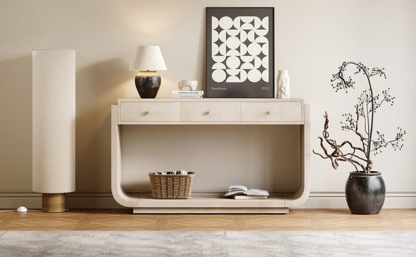 English Elm Antique-style Console Table with Three Drawers Paulownia Veneer Cabriole Legs Entryway N759P324549K