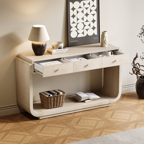 English Elm Antique-style Console Table with Three Drawers Paulownia Veneer Cabriole Legs Entryway N759P324549K