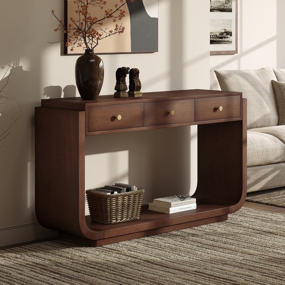 English Elm Antique-style Console Table with Three Drawers Paulownia Veneer Cabriole Legs Entryway Walnut N759P324549T