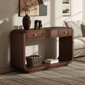 English Elm Antique-style Console Table with Three Drawers Paulownia Veneer Cabriole Legs Entryway Walnut N759P324549T