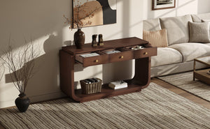 English Elm Antique-style Console Table with Three Drawers Paulownia Veneer Cabriole Legs Entryway Walnut N759P324549T