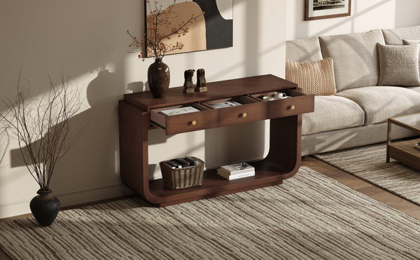 English Elm Antique-style Console Table with Three Drawers Paulownia Veneer Cabriole Legs Entryway Walnut N759P324549T