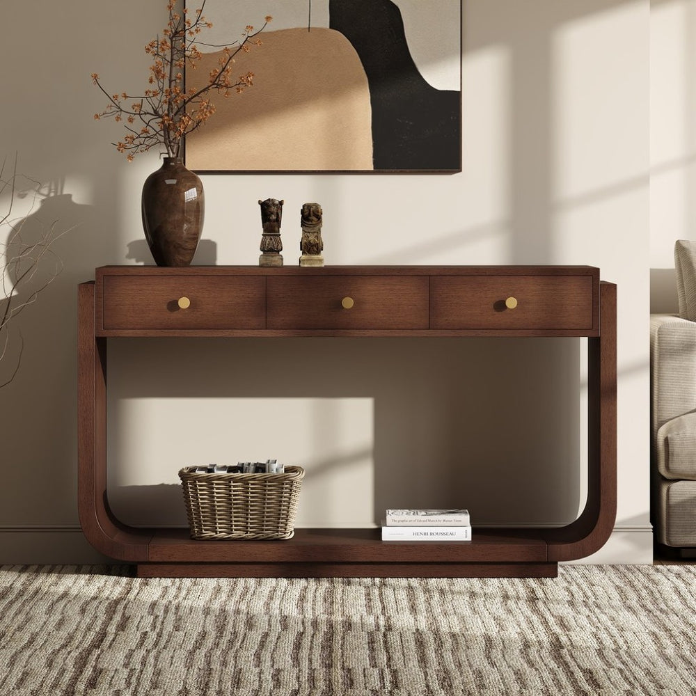 English Elm Antique-style Console Table with Three Drawers Paulownia Veneer Cabriole Legs Entryway Walnut N759P324549T
