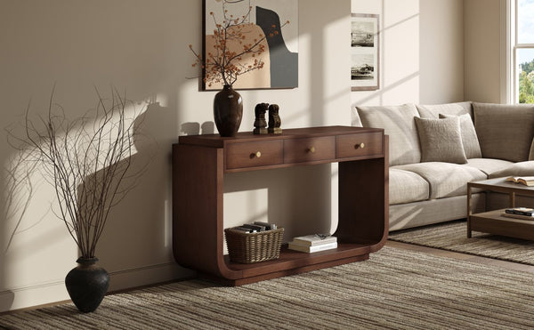 English Elm Antique-style Console Table with Three Drawers Paulownia Veneer Cabriole Legs Entryway Walnut N759P324549T
