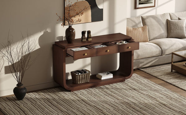 English Elm Antique-style Console Table with Three Drawers Paulownia Veneer Cabriole Legs Entryway Walnut N759P324549T