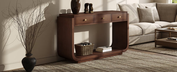 English Elm Antique-style Console Table with Three Drawers Paulownia Veneer Cabriole Legs Entryway Walnut N759P324549T