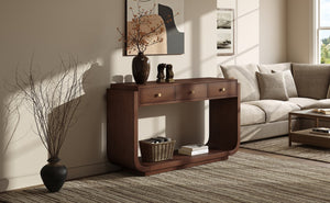 English Elm Antique-style Console Table with Three Drawers Paulownia Veneer Cabriole Legs Entryway Walnut N759P324549T
