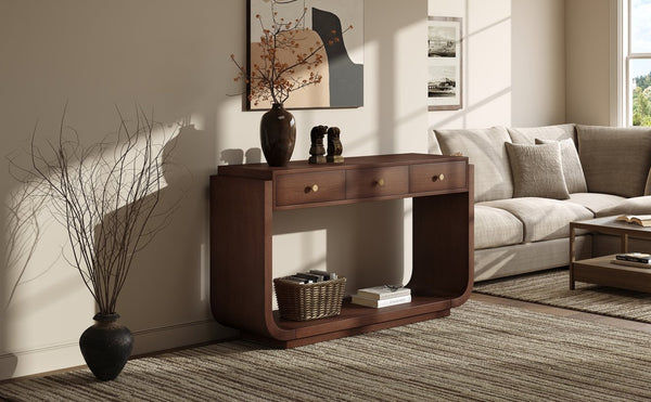 English Elm Antique-style Console Table with Three Drawers Paulownia Veneer Cabriole Legs Entryway Walnut N759P324549T