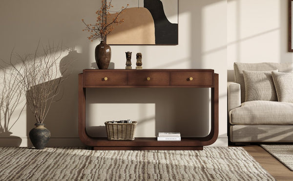 English Elm Antique-style Console Table with Three Drawers Paulownia Veneer Cabriole Legs Entryway Walnut N759P324549T